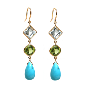 Pendientes de triple gota de turquesa natural, aguamarina y peridoto en oro amarillo macizo de 18 quilates – Gemas de corte mixto con engaste geométrico en bisel - Product Image 1