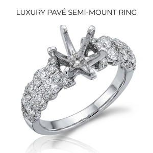 Bague de fiançailles en or blanc 18 carats avec six griffes, pavé rond, semi-monture, style cathédrale, large bande de diamants, cadeau de mariage - Product Image 1