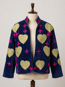 Veste en velours bleu marine pour femme avec broderie de cœurs dorés et croix rose, col mandarin, manches trois quarts, vêtement d'extérieur pour l'hiver - Product Image 4