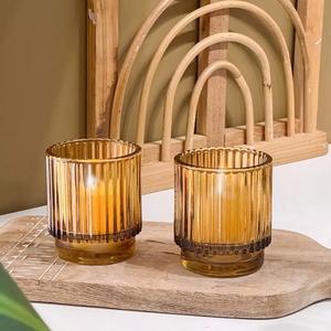Juego de 6 portavelas de cristal ámbar acanalado de diseño vintage, portavelas votivas decorativos de cristal. - Product Image 3