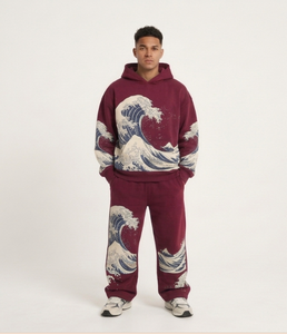 <b>Men's</b> <b>Maroon</b> Wave Print <b>Hoodie</b> and Sweatpants Set Streetwear Autumn Tracksuit - Product Image 1