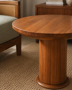 Round <b>Coffee</b> <b>Table</b> Teak Wood Top Pedestal <b>Leg</b> Design Natural Finish Living Room Apartment Hotel Model TAB47 - Product Image 3