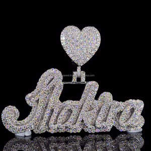 Rappeur Bijoux Hommes 925 Sterling Silver Moissanite Diamant Pendentif Coeur Fermoir Personnalisé Nom Lettre Pendentif - Product Image 1