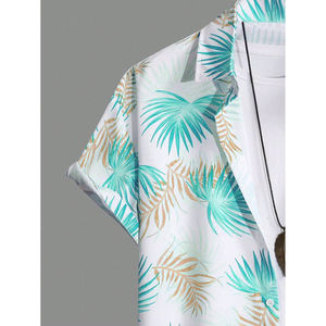Chemise boutonnée à manches courtes pour hommes, blanc, vert sarcelle, motif feuilles tropicales, short assorti, ensemble 2 pièces, tenue de plage hawaïenne décontractée - Product Image 6