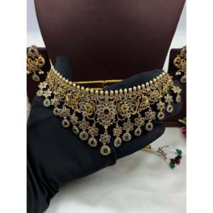 Indian Ethnic Alka Traditional Gold Plated Zircon Choker Necklace & Earring Set for Bridal - Product Image 3