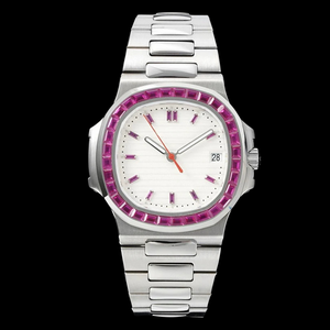 Reloj Unisex Premium de Plata de Ley con Esfera Blanca y Diamantes Baguette Cz de Color Rosa en Caja Cuadrada Elegante y Moderna - Product Image 1