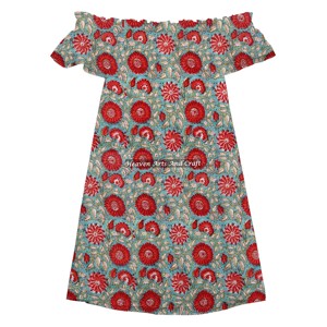 Robe Courte Sexy et Mignonne en Coton à Imprimé Blocs Faits Main, Taille Standard, Épaules Dénudées pour Femme – Meilleure Vente Décontractée - Product Image 6