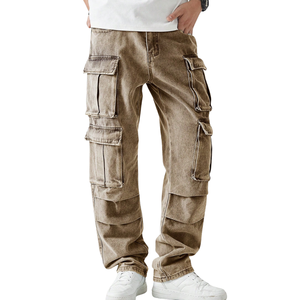 Pantalones Cargo de Mezclilla Marrón Vintage para Hombre, Corte Relajado, Multibolsillos, Estilo Urbano, Pierna Recta, Jeans Utilitarios, Ropa Casual para el Día a Día - Product Image 5