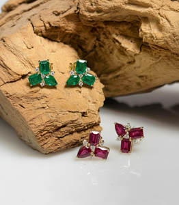 Top selling 14KT Gold Certified Fine jewelry Trio <b>Stud</b> Earrings in Natural <b>Emerald</b> & Diamonds Earrings - Product Image 4