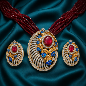 Conjunto de Collar y Pendientes de Lujo Clásico de Latón con Rodio y Circones, Borla Meenakari Roja y Azul, Regalo para Novia, Compromiso, Boda, Fiesta - Product Image 5