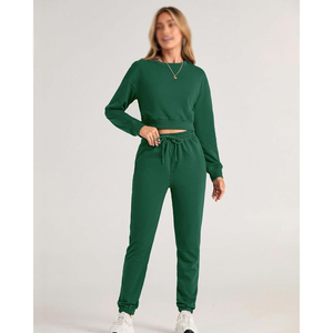 Ensemble de survêtement vert pour femmes, sweat-shirt à col rond à manches longues, pantalon à cordon de serrage, couleur unie, vêtements décontractés d'automne, 100% coton - Product Image 2