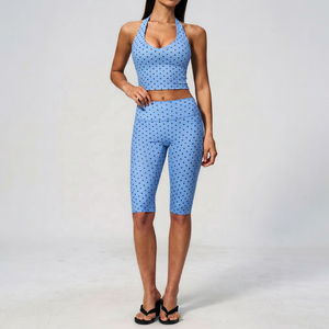 wholesale Blue Dot Print Yoga Set Halter <b>Crop</b> <b>Top</b> High Waist Knee Length Leggings Breathable Spandex Polyester 2 Piece - Product Image 1