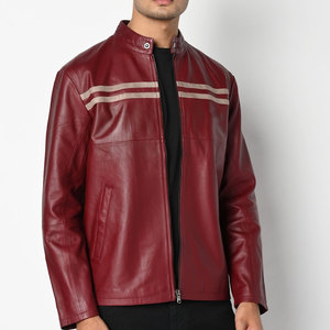 <b>Men's</b> Red Cow <b>Leather</b> Moto <b>Jacket</b> Stand Collar Zipper Closure Regular Sleeve Autumn Biker Style Solid Color <b>leather</b> moto <b>jacket</b> - Product Image 5