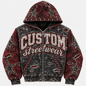 Sweat-shirt à capuche oversize pour homme avec fermeture éclair, imprimé étoile en strass et lettres gothiques, style Hip Hop Y2K Streetwear - Product Image 1
