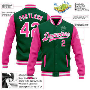 Green Pink Varsity <b>Jacket</b> Unisex Preppy Style Regular Fit Polyester Cotton Shell Button Closure Autumn Wear - Product Image 3