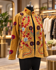 Mustard <b>Velvet</b> Embroidered Suzani <b>Jacket</b> for <b>Women</b> Handmade Boho Ethnic Winter Coat Vintage Style Wholesale Ladies Outerwear - Product Image 3