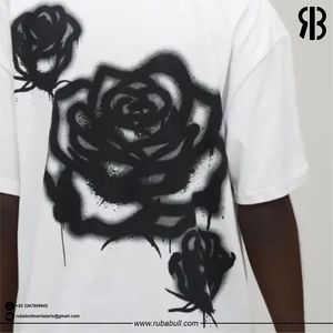 Camiseta Blanca Extra Grande para Hombre Rubabull con Estampado Floral Negro, Manga Corta, Cuello Redondo, Estilo Casual Urbano, Jersey de Algodón - Product Image 6