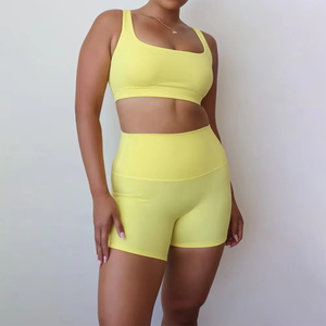 Shorts de yoga taille haute sans couture pour femme, jaune uni, en Spandex et Polyester, avec taille élastique, pour le fitness - Product Image 3