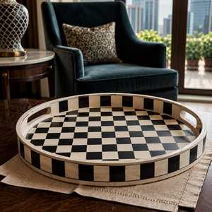 Premium Artisan Bone Inlay Round Decorative Storage <b>Tray</b> with Handmade Geometric Pattern for Jewelry, <b>Perfume</b>, Candles & Modern - Product Image 1
