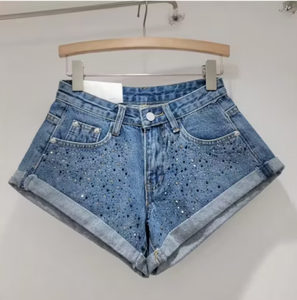 Shorts de Mezclilla con Lentejuelas de Cintura Alta para Mujer, Color Caramelo, Casuales, Transpirables, de Algodón Lavado - Product Image 3