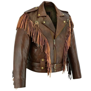 Classic <b>Men</b>’s Brown Fringe Leather <b>Jacket</b> Western Cowboy Tassel Vintage <b>Biker</b> Coat Low MOQ Wholesale Supplier - Product Image 4
