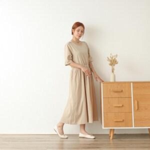 Robe midi décontractée et confortable pour femme, grande taille, en lin biologique, à manches cloche, coupe ample, style A-line, taille haute, couleur unie - Product Image 1