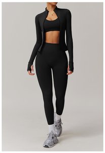 <b>Women</b> Solid Yoga Set High Waist <b>Leggings</b> <b>Crop</b> Top Seamless Spandex Polyester 2 Piece Workout Wear Quarter Zip Full Length - Product Image 5
