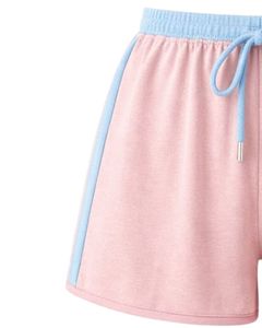 Pink Blue Women Camisole And Shorts <b>Set</b> Summer Two Piece Outfit Cotton Blend Crop Top Contrast Panel Drawstring Shorts Casual - Product Image 6