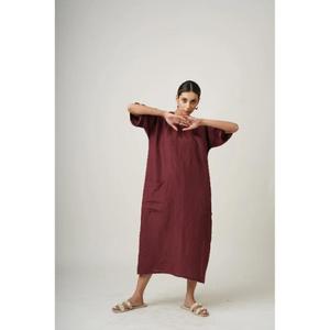 Robe tunique maxi en lin simple faite à la main avec manches courtes, col rond, poches, couleur unie confortable, toutes saisons, vêtements pour femmes - Product Image 1