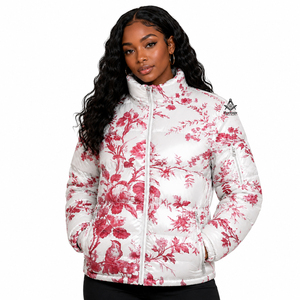 Chaqueta Acolchada Floral Unisex con Logotipo Personalizado de la Hermandad Masónica, Estampado Blanco y Rojo, Cierre de Cremallera, Cuello Alto, Ropa de Invierno - Product Image 3