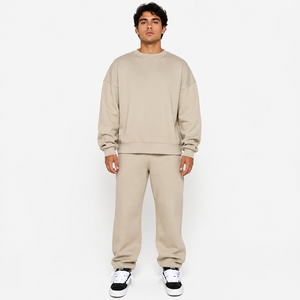 Ensemble jogging et sweat-shirt en maille unie beige à col rond pour homme, décontracté, automne, 100 % coton molletonné, grandes tailles, 400 g/m², survêtement pour homme - Product Image 1