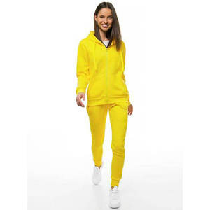 Women's <b>Yellow</b> Hooded <b>Tracksuit</b> Set Full Sleeve Solid Color Casual Zipper Fly Side Pockets Breathable 100% Polyester Autumn Wear - Product Image 1