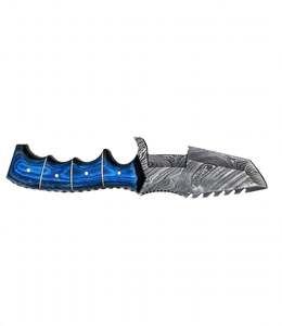 Cuchillo utilitario artesanal de acero de Damasco con mango de madera Pakkawood azul y espiga de sierra, herramienta de campo - Product Image 1