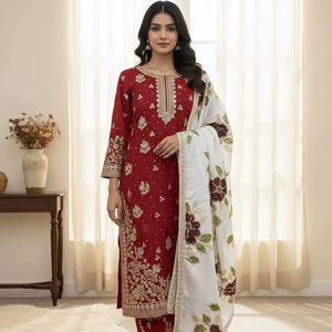 Traje Palazzo de Seda con Bordado de Lujo y Dupatta con Borde de Encaje - Product Image 1