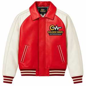 Veste universitaire en cuir véritable Goldenwave Factory personnalisée |   Blouson bomber avec logo brodé |   Manchette côtelée de qualité supérieure et doublure matelassée - Product Image 2