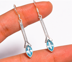 Blue Topaz <b>Silver</b> Drop <b>Earrings</b> – Handmade Marquise Gemstone <b>Dangle</b> <b>Earrings</b> for Women - Product Image 3