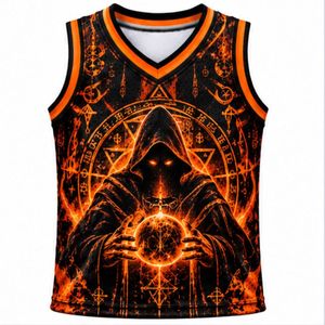 Maillot de basket-ball noir et orange pour hommes, respirant, à transfert thermique, col en V, sans manches, séchage rapide, en polyester - Product Image 1