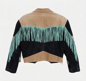 Blazer en daim noir à franges, manches longues, col rabattu, veste d'automne pour femme, couleur unie, longueur courte - Product Image 1