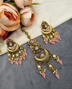 Designer Beaded Choker Necklace <b>Set</b> With Drop Beads Earrings And Mangtika Ethnic Festive Wear Fashion <b>Jewellery</b> <b>Set</b> Manufacturer - Product Image 3