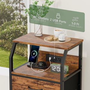 28.3 Inch Tall <b>Bedside</b> Nightstand with Charging Station USB Ports and Outlets Wood <b>Shelf</b> - Product Image 5