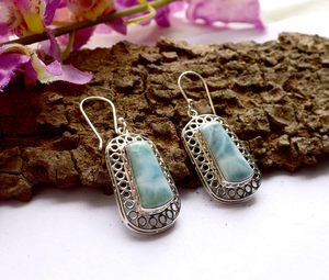 Nouvelles boucles d'oreilles pendantes vintage en argent sterling 925 avec pierre de larimar naturelle sertie en clos pour femme, bijoux fins pour tous les jours - Product Image 2