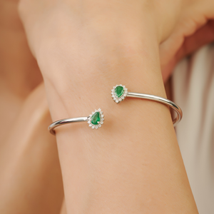 Wholesale Price 925 Sterling <b>Silver</b> Pear Cut 100% Genuine Emerald & Diamond Open <b>Cuff</b> Bangle For Women's - Product Image 2