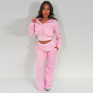 Women's Pink Fleece 2 Piece Set Hooded <b>Crop</b> <b>Top</b> With Pockets And Wide Leg Pants Casual All Seasons Tracksuit - Product Image 6