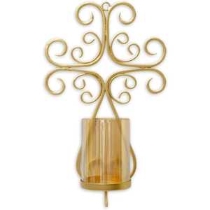 Skies Trader Gold Metal Filigree Wall Candle Holder Vintage Scrollwork Iron Sconce with Amber Glass Votive Tealight Cup <b>Ornament</b> - Product Image 1