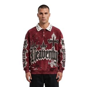 Felpe <span class=keywords><strong>Polo</strong></span> in Denim <span class=keywords><strong>Blu</strong></span> Personalizzate Stile Streetwear con Grafica Stellare, Stampa Serigrafica Vintage Lavata - Product Image 6