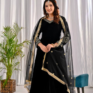 Ramdev Trading Modern Designer Women's Pure Heavy Viscous Velvet Quick Dry <b>Kurti</b> with Dupatta for Wedding Diwali Party Wear - Product Image 1