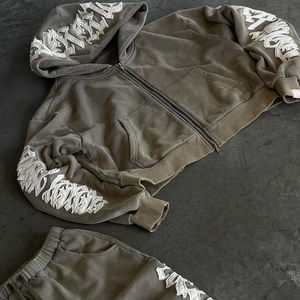 Ensemble de survêtement homme hiver personnalisé, coupe évasée, effet délavé et usé, sweat à capuche et pantalon de jogging, 100% coton, séchage rapide - Product Image 3