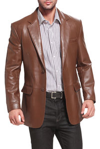 <b>Men's</b> <b>Brown</b> Leather <b>Blazer</b> Slim Fit Single Breasted Turn-down Collar Smart Casual Autumn Wear Solid Color Regular Sleeve - Product Image 3