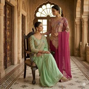 Sari prêt-à-porter avec broderie lourde, en soie Rangoli, avec fils de broderie épais et travail de sequins double, et chemisier assorti - Product Image 1
