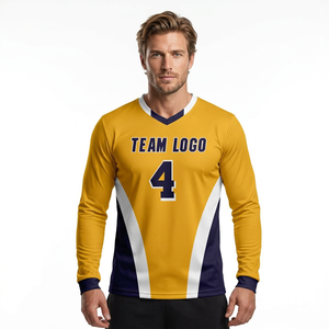 Men’s Gold & Navy Long <b>Sleeve</b> Basketball <b>Shooting</b> Shirt – Full Customization With Team Logo & Number Basketball Jersey - Product Image 1
